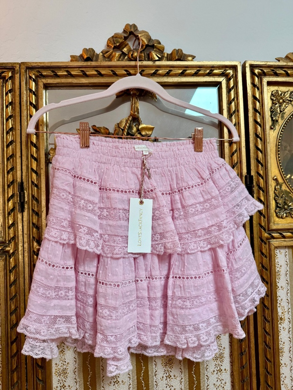 NWT LoveShackFancy Lace Ruffle Mini Skirt Limited Pink Tulip XS $265 Sully